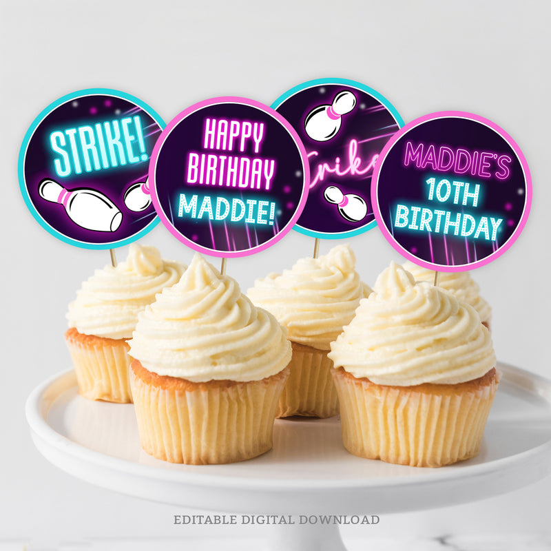 These neon glow Bowling party cupcake toppers feature a bowling ball striking pins and personalized birthday wording. Add a personal touch to your bowling birthday cupcakes. Template to Edit in Corjl. By Tangled Tulip Designs.