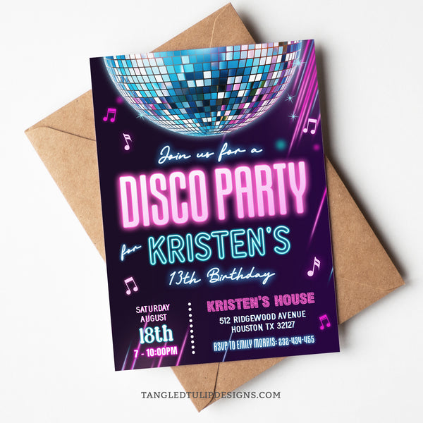 Neon Glow Disco Party Invitation for teen and tween girls. By Tangled Tulip Designs. 