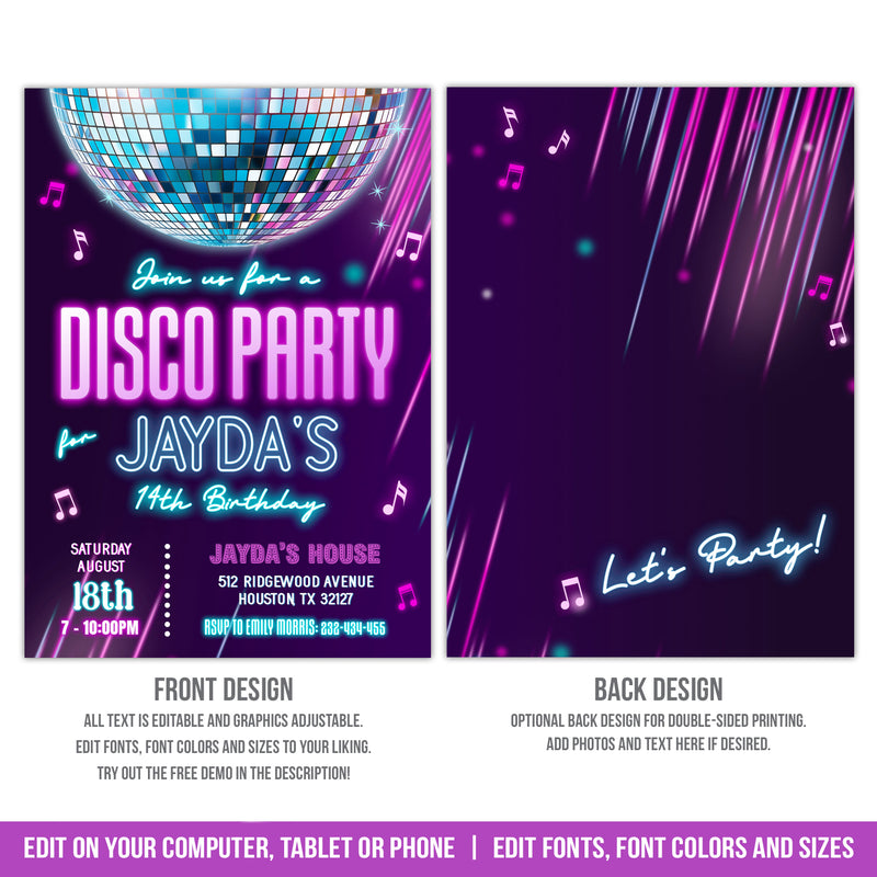 Editable Disco Party Invitation, Purple Neon Glow Digital Birthday Invite