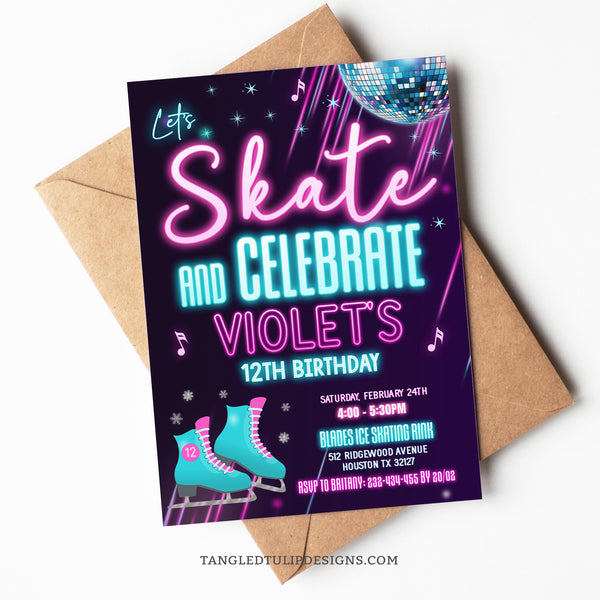 Editable Ice Skating Birthday Invitation, in a fun neon glow in the dark design, with ice skates and a disco glitter ball with sparkles. Let's Skate and Celebrate her Birthday! Tangled Tulip Designs - Birthday Invitations