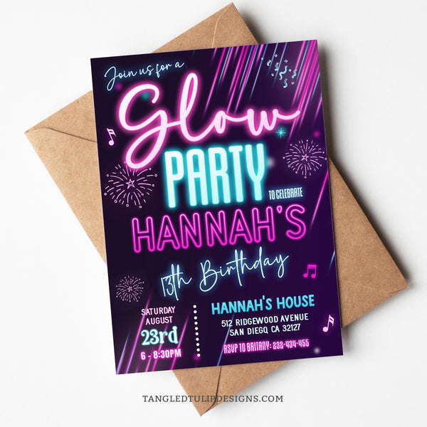 Glow Party Invitation for a Glow in the Dark Birthday. Girls Editable Invitation. By Tangled Tulip Designs