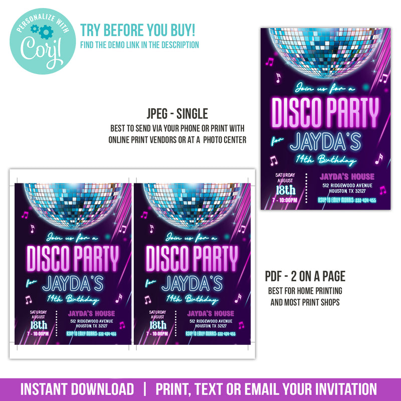 Editable Disco Party Invitation, Purple Neon Glow Digital Birthday Invite