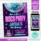 Editable Disco Party Invitation, Purple Neon Glow Digital Birthday Invite