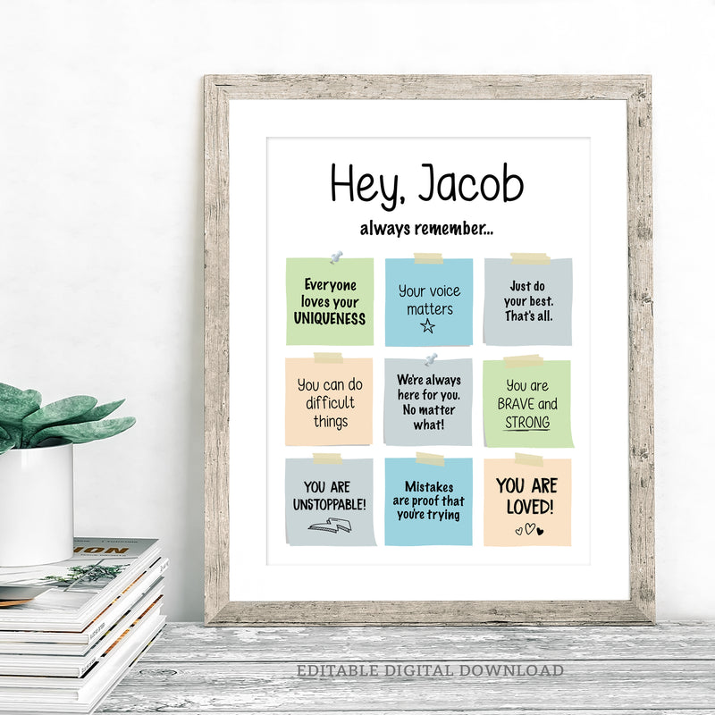 Encourage positivity and self-confidence with our customizable Affirmations for Teens and Tweens Poster Sign. Featuring Post-it notes with personalized notes of encouragement and affirmations, tailored to uplift and inspire your child. Instant Download and Editable in Corjl. By Tangled Tulip Designs.