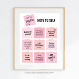 Editable Daily Affirmations poster sign for girls is adorned with pink Post-it notes bearing personalized 'Notes to Self'. Inspire confidence and positivity with customizable affirmations tailored to uplift and empower your child. Instant Download and Editable in Corjl. By Tangled Tulip Designs.