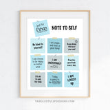 Editable Daily Affirmations Poster Sign for boys with blue Post-it notes pinned up with a Note to Self of encouragement and affirmation mantras. These notes are fully customizable, so you can change them to suit the child. Instant Download and Editable in Corjl. By Tangled Tulip Designs.