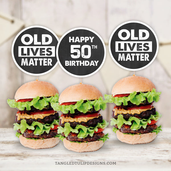 Old Lives Matter! Celebrate his 50th birthday - or any age birthday, with these customizable cupcake or slider toppers. Chalk white graphics set against a classic chalkboard background. Instant Download and Editable in Corjl. By Tangled Tulip Designs.