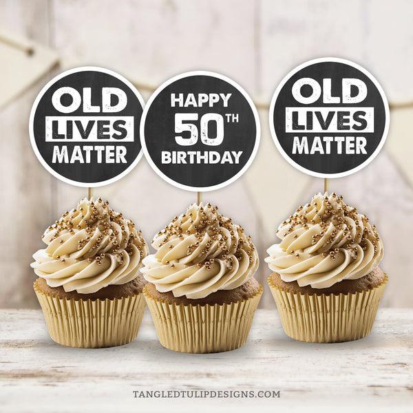 Old Lives Matter! Celebrate his 50th birthday - or any age birthday, with these customizable cupcake or slider toppers. Chalk white graphics set against a classic chalkboard background. Instant Download and Editable in Corjl. By Tangled Tulip Designs.