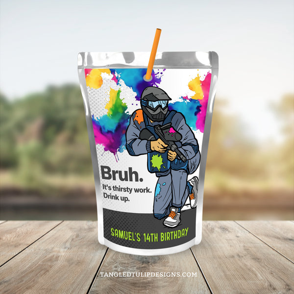 Paintball party Capri Sun label template, with a paintballer splattered with colorful paint. These editable labels add a personal touch to their party drinks. Bruh! It's thirsty work. Drink up. Template to Edit in Corjl. By Tangled Tulip Designs.