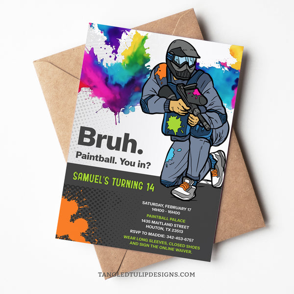 Editable Paintball Birthday Invitation with paint splats on a paintballer. Bruh. Paintball Invite. Instant Download and Editable in Corjl. By Tangled Tulip Designs.