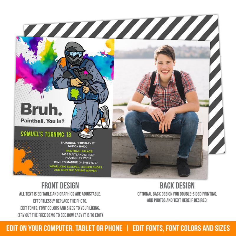 Paintball party invitation. EDITABLE Bruh, Paintball Birthday invite with paint splats for teen boys with Photo. PAI1
