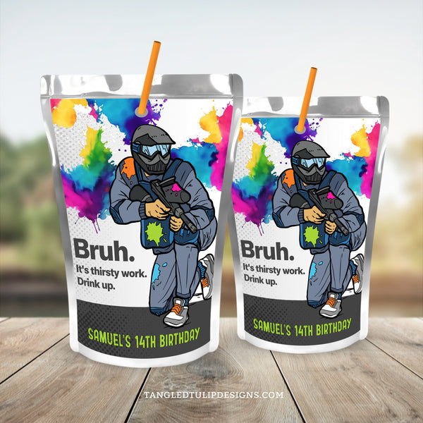 Paintball party Capri Sun label template, with a paintballer splattered with colorful paint. These editable labels add a personal touch to their party drinks. Bruh! It's thirsty work. Drink up. Template to Edit in Corjl. By Tangled Tulip Designs.