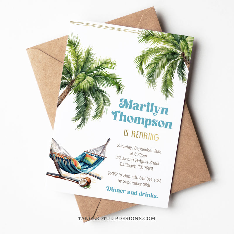 Retirement party invitation in a Tropical theme, with palm trees, a hammock and coconuts. Template to Edit in Corjl. By Tangled Tulip Designs.