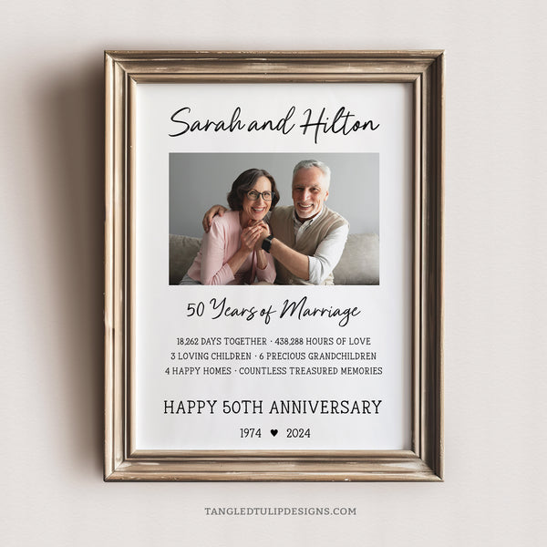 This 50th Anniversary sign is an editable template with a photo and stats of the couple's life together. A great addition to their 50th Anniversary party decorations or a thoughtful gift. Tangledtulipdesigns.com