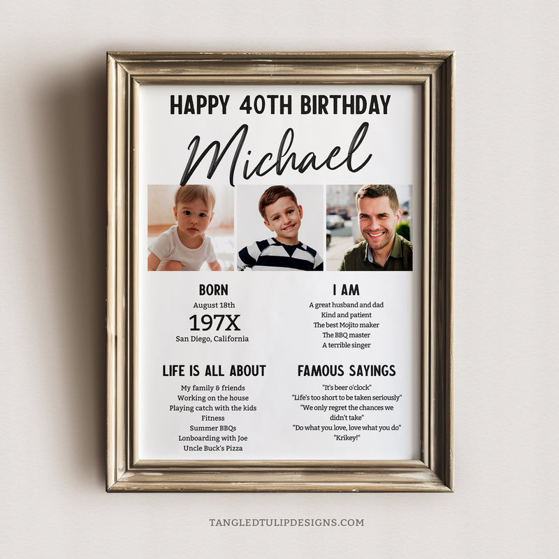 Editable 40th Birthday Milestone Sign Photos Man 40th Party Decorative Sign Template