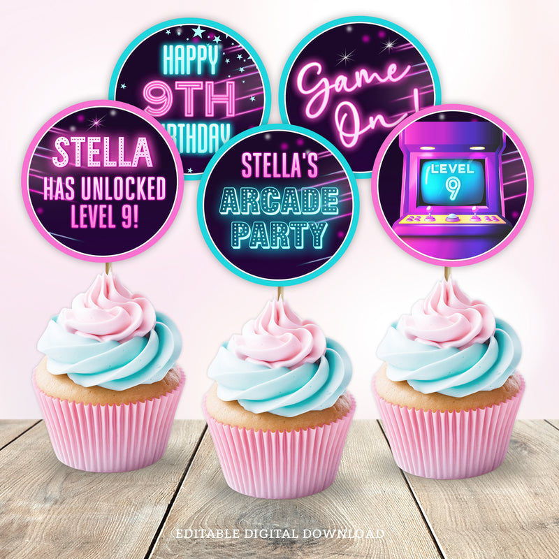 Arcade party cupcake toppers for girls. It's Game On with this editable cupcake topper template. Pink and Blue neon glow design.