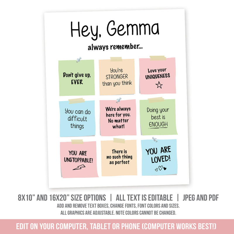 Affirmations for Kids or Teenagers, Editable Encouragement Poster Sign