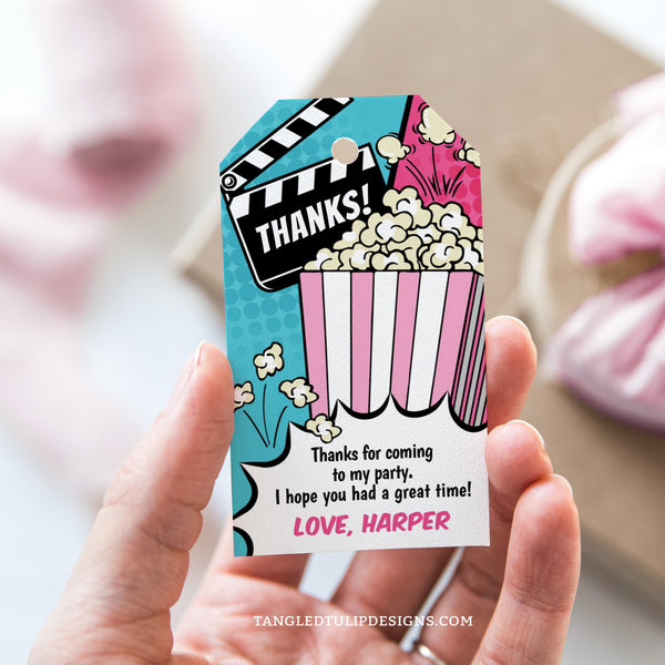 Editable movie party Thank You tag template in a comic style design, with pink and turquoise. Add a personal touch to your Movie party favors. 