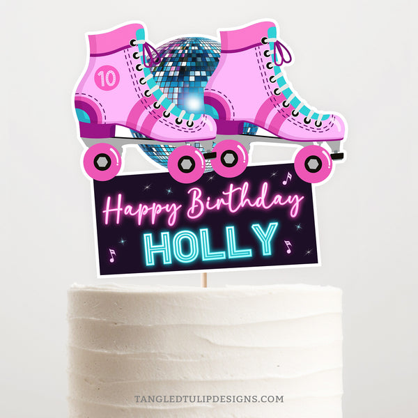 A Roller Skating cake topper for a Roller Skate birthday party. Personalize with the name and age. Featuring a vibrant glow design with roller skates and a glitter disco ball.