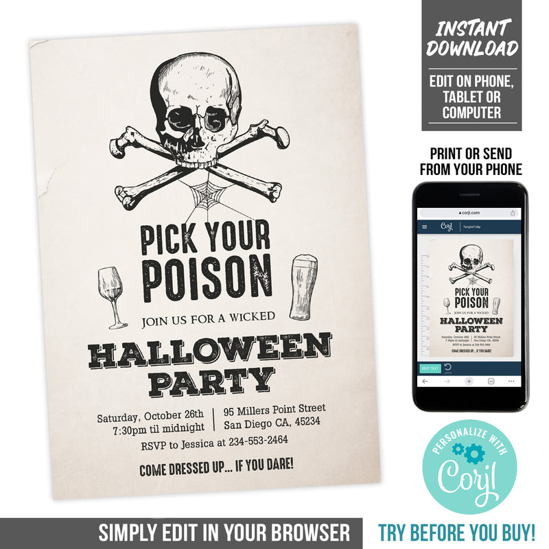 Halloween Party Invitation Template Pick Your Poison Skull