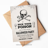 Editable Halloween party invitation for adults - Pick Your Poison and get ready for a wicked Halloween Party. Featuring a creepy skull and crossbones with spiderwebs. Template to Edit in Corjl. By Tangled Tulip Designs.