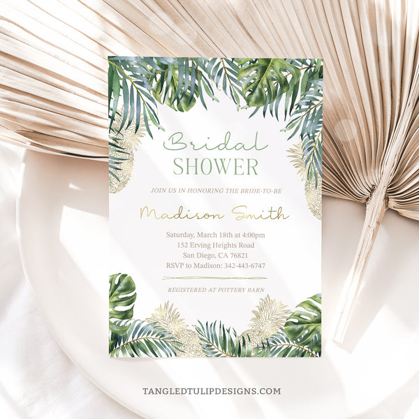 A Bridal Shower invitation with tropical leaves and gold pineapples in a fresh, modern design. Instant Download and Editable in Corjl. By Tangled Tulip Designs.
