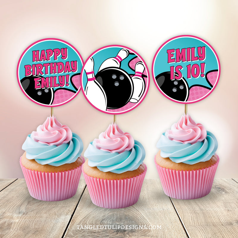 Bowling birthday party cupcake toppers for a tenpin bowling party for girls. Edit the text to add a personal touch. Featuring a bowling ball smashing pins. Instant Download and Editable in Corjl. By Tangled Tulip Designs.