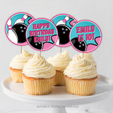 Bowling birthday party cupcake toppers for a tenpin bowling party for girls. Edit the text to add a personal touch. Featuring a bowling ball smashing pins. Instant Download and Editable in Corjl. By Tangled Tulip Designs.