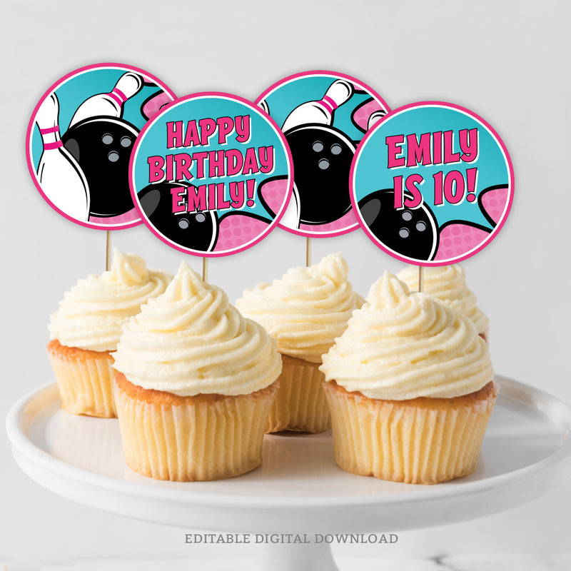 Bowling birthday party cupcake toppers for a tenpin bowling party for girls. Edit the text to add a personal touch. Featuring a bowling ball smashing pins. Instant Download and Editable in Corjl. By Tangled Tulip Designs.