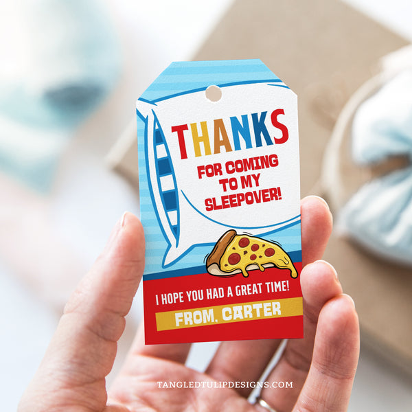 A Sleepover and Pizza Party Thank You tags for boys, featuring a pillow and pizza slice. Perfect for a boy's sleepover and pizza party favors. Template to Edit in Corjl. By Tangled Tulip Designs.
