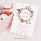 An enchanting Boho Floral Birthday Party Invitation, designed to infuse your celebration with elegance and charm. Featuring a watercolor floral wreath adorned with beautiful proteas and delicate gold accents. This versatile design is suitable for women of any age. Tangled Tulip Designs - Birthday Invitations