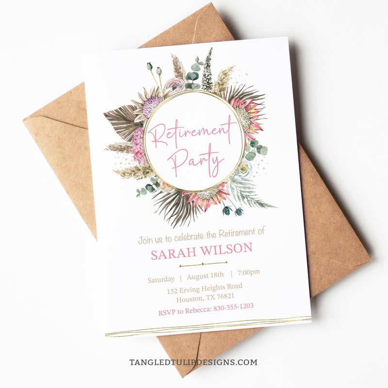 A Retirement Party invitation for a woman in a pretty floral design with a bohemian flair. Featuring a watercolor floral wreath with proteas, adorned with elegant gold accents. By Tangled Tulip Designs.