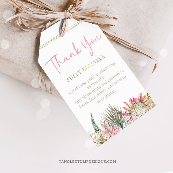 These elegant favour gift tags feature delicate watercolor proteas and flowers, with gold accents, in a charming bohemian design. These tags are the perfect finishing touch for any event, whether it's a birthday party, bridal shower, retirement celebration, or any other special occasion. By Tangled Tulip Designs.