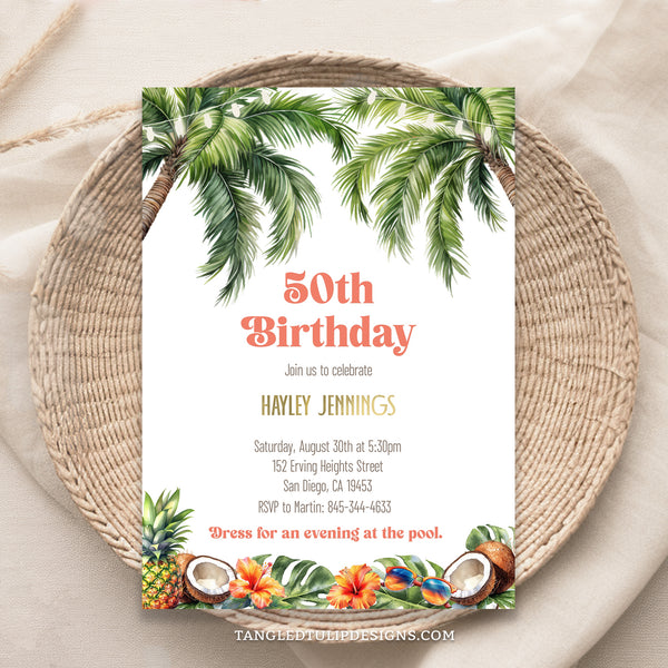 A vibrant Tropical 50th Birthday invitation template. The design features palm trees and lush tropical fruits and flowers. 