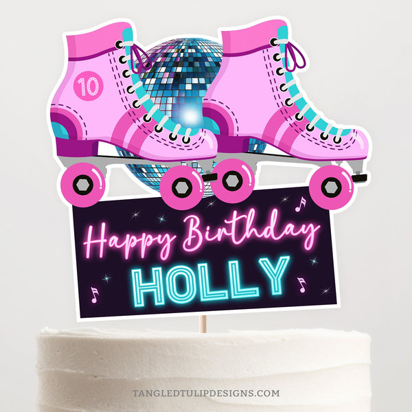 A Roller Skating cake topper for a Roller Skate birthday party. Personalize with the name and age. Featuring a vibrant glow design with roller skates and a glitter disco ball.