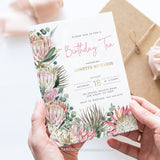 A pretty protea themed Birthday Tea Party invitation, with proteas and pretty gold accents. For a woman of any age. Template to Edit in Corjl. By Tangled Tulip Designs.
