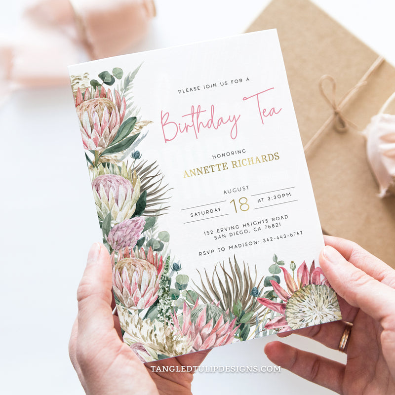 A pretty protea themed Birthday Tea Party invitation, with proteas and pretty gold accents. For a woman of any age. Template to Edit in Corjl. By Tangled Tulip Designs.