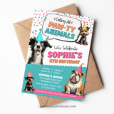 A puppy dog theme birthday invitation for girls - Calling all Pawty Animals! Featuring various dog breeds in party hats, all excited to join the celebration. Tangled Tulip Designs - Birthday Invitations