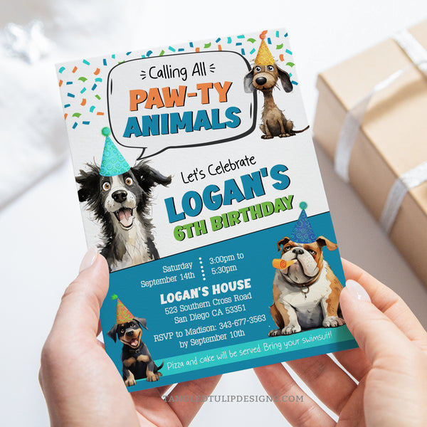 Puppy dog theme birthday invitation - Calling all Pawty Animals! Featuring various dogs in party hats, all excited to join the celebration! Tangled Tulip Designs - Birthday Invitations