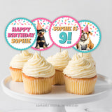 Get ready to "pawty" for your little girl's birthday with these adorable Puppy Dog cupcake toppers! The toppers feature cute dogs and puppies in party hats, with colorful confetti. With all text fully editable and 6 different designs to choose from, you can customize these toppers to suit your party theme perfectly. By Tangled Tulip Designs.