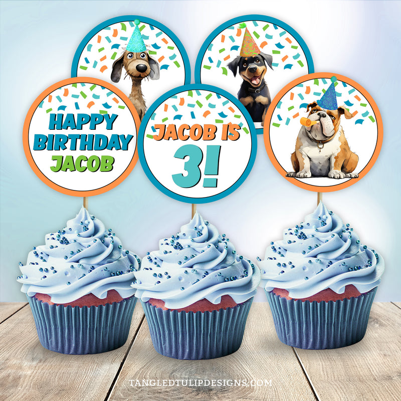 Get ready to "pawty" with these cool Puppy Dog cupcake toppers! They feature cute dogs and puppies in party hats, with colorful confetti. With all text fully editable and 6 different designs to mix &amp; match, you can customize these toppers to suit your party theme perfectly.