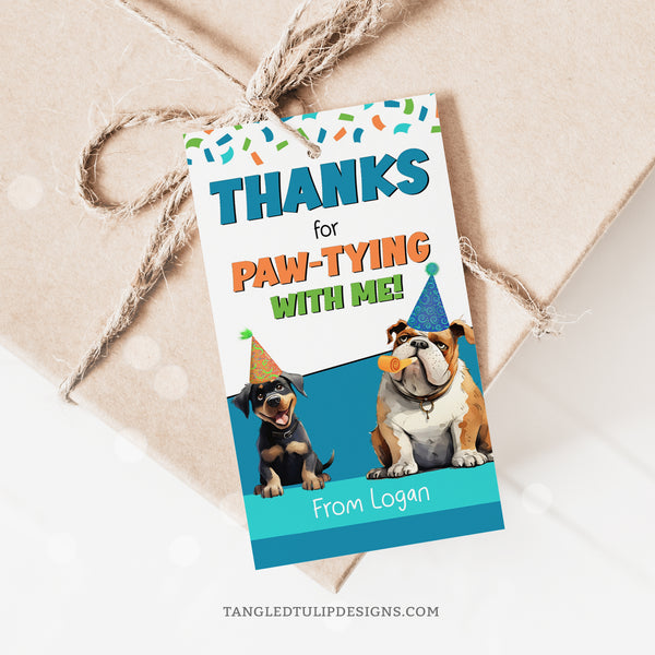Paws and party hats abound! These adorable Paw-ty Favor Tags add a touch of puppy love to your little boy's birthday favors, featuring cute dogs and puppies with party hats and confetti. Tangled Tulip Designs - Birthday Invitations