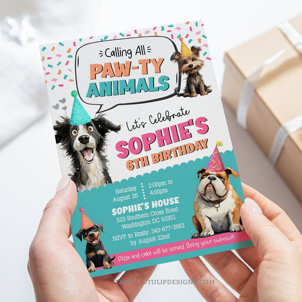 A puppy dog theme birthday invitation for girls - Calling all Pawty Animals! Featuring various dog breeds in party hats, all excited to join the celebration. Tangled Tulip Designs - Birthday Invitations