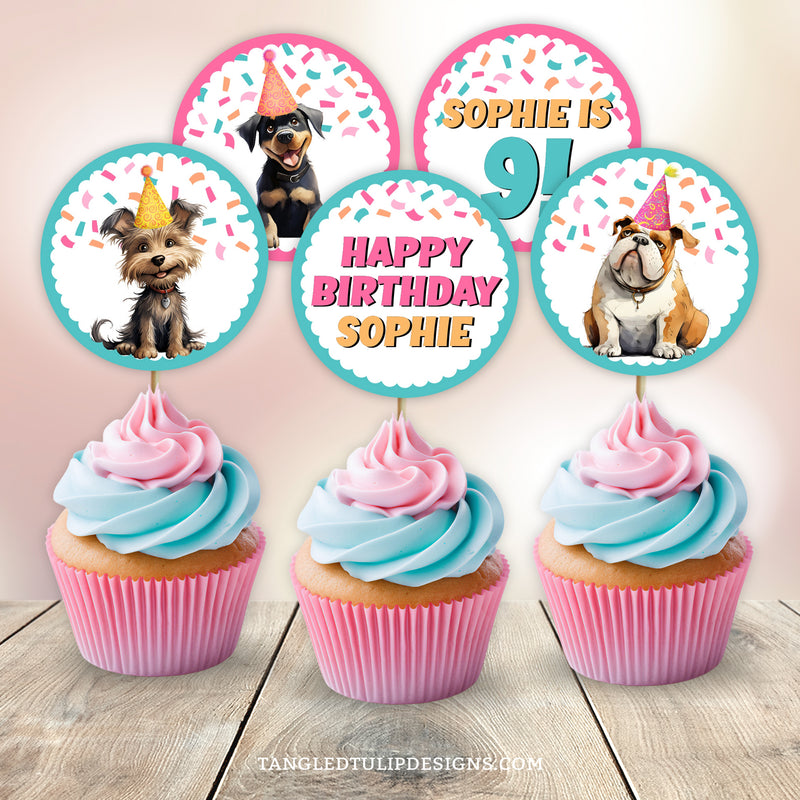 Get ready to "pawty" for your little girl's birthday with these adorable Puppy Dog cupcake toppers! The toppers feature cute dogs and puppies in party hats, with colorful confetti. With all text fully editable and 6 different designs to choose from, you can customize these toppers to suit your party theme perfectly. By Tangled Tulip Designs.