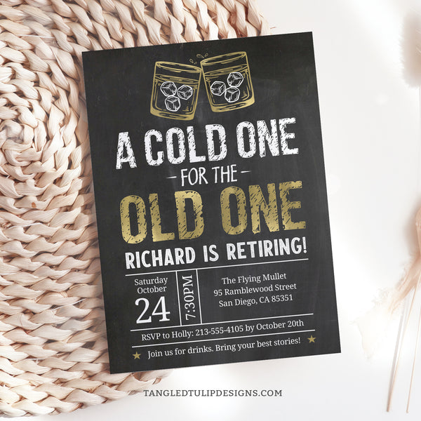 Retirement Invitation in a Whiskey Theme. Gold and white on Chalkboard background. Instant Download and Editable in Corjl. By Tangled Tulip Designs.