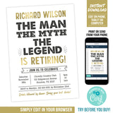 Editable Retirement Party Invitation Template for The Man, The Myth, The Legend, Digital Invite