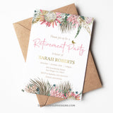 Retirement party invitation for a woman, in a pretty boho floral design, with watercolor proteas and other flowers, and gold accents. Perfect for a woman who's retiring. By Tangled Tulip Designs.