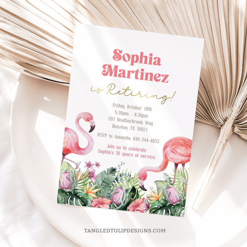 A pretty Retirement party invitation adorned with delightful watercolor flamingos and vibrant tropical flowers. This editable invitation captures the essence of a tropical paradise and sets the tone for a memorable retirement party. By Tangled Tulip Designs.