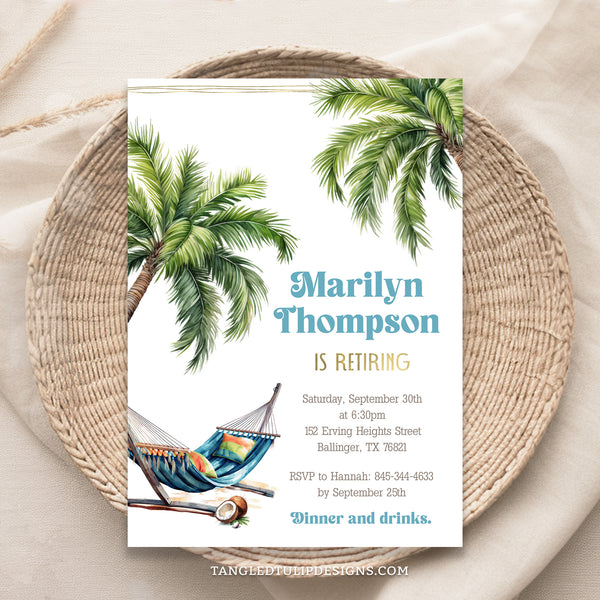 Retirement party invitation in a Tropical theme, with palm trees, a hammock and coconuts. Template to Edit in Corjl. By Tangled Tulip Designs.