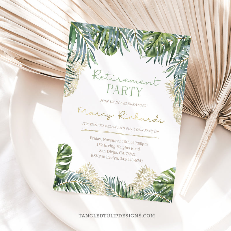 Capture the essence of a tropical retreat with this retirement party invitation. Featuring vibrant tropical leaves and elegant gold pineapple accents, this editable invitation is perfect for celebrating a woman's well-deserved retirement. By Tangled Tulip Designs.